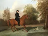 John Barwick, Portrait of a cleric on horseback before a church, oil on canvas