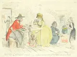 James Gillray, Betty Canning revived; God save the King; A Lady putting on her Cap; Enter Cowslip with a bowl of Cream, Four etchings with extensive hand-colouring, c. 1795, on wove