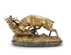 Charles Ernest Dagonet, gilt bronze model of two rutting stags, gilt bronze