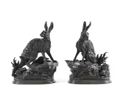 Jules Moigniez, pair of bronze animalier models of 'Chasse Ouverte' & 'Chasse Fermee', bronze