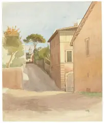 Friedrich Nerly d. Ä., Rom, Salita di San Nicola da Tolentino mit Turm und Teil der Fassade von San Caio im Hintergrund, Aquarell über Bleistift auf Papier