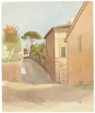 Friedrich Nerly d. Ä., Rom, Salita di San Nicola da Tolentino mit Turm und Teil der Fassade von San Caio im Hintergrund, Aquarell über Bleistift auf Papier