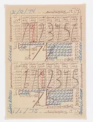 Hanne Darboven, Stundenplan. 31.12.74-1.1.75, Farbfilzstift auf Papier
