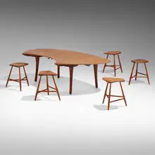 Wharton Esherick, Coffee table and five stools for the Morris apartment, 1954, walnut, steel casters