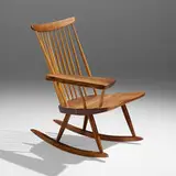 Lounge Rocker with Right Arm by George Nakashima, American black walnut, hickory, sold Sep 2023