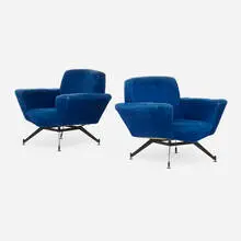 Studio Tecnico, Lounge chairs model M530, pair, c. 1955, wool upholstery, enameled steel, brass