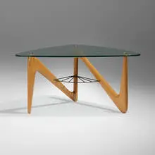 Coffee table by Louis Sognot, c. 1950, oak, enameled steel, chrome-plated steel, glass, sold Nov 2025