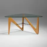 Louis Sognot, Coffee table, c. 1950, oak, enameled steel, chrome-plated steel, glass
