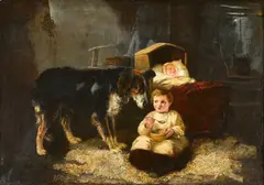 William Walker Morris, A cottage interior with child, dog and baby, oil on canvas