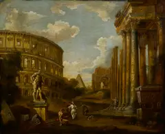 Giovanni Paolo Panini, A capriccio view of the Colosseum with the Farnese Hercules and the Tomb of Cestius beyond, oil on canvas