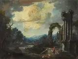 A capriccio view with figures by ruins by Italian School, oil on canvas, sold Sep 2017