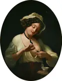 Henry Morland, A portrait of a young maid feeding the bird, oil on canvas (oval)