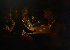 Domenico Viola, A soldier in armor and others playing cards at a table by candlelight, oil on canvas