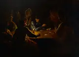 Domenico Viola, A soldier in armor and others playing cards at a table by candlelight, oil on canvas