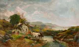 Scottish School, 19th Century, A pastoral scene with cows watering by a stone mill, oil on canvas