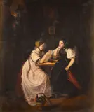 Dutch School 19th century, An interior scene with two ladies at a table, oil on panel laid onto masonite