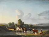 Dutch School 19th century, A landscape with figures and cattle fording a river, oil on panel