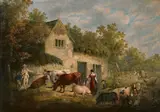 George Morland, Figures, cattle and pigs in front of a farmhouse, oil on canvas