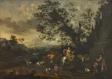 An extensive landscape with numerous figures by Nicholaes Pietersz Berchem, oil on canvas, offered Sep 2017