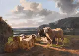 Eugène Verboeckhoven, A landscape with sheep, ram, and goat, oil on canvas