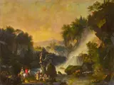 French School 18th century, A landscape with figures at the base of a waterfall