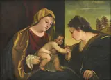 called Titian Tiziano Vecellio, Madonna and Child with Saint Catherine of Alexandria, oil on canvas