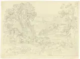 Heinrich Reinhold, Italienische Landschaft (Olevano), Bleistift und Pinsel in Grau, mit Rahmenlinie in Bleistift, auf Transparentpapier