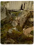 Moosbewachsene Felsen vor einer Hütte by Österreichisch & Deutsch, um 1830, Öl auf Leinwand, sold Oct 2018