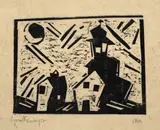 Rathaus und Neumond by Lyonel Feininger, 1918, Holzschnitt auf Seidenpapier, sold Nov 2013
