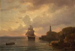 Küste mit Segelschiff am Abend by Robert Kummer, 1878, Öl auf Pappe, sold Nov 2013