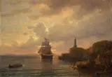 Robert Kummer, Küste mit Segelschiff am Abend, 1878, Öl auf Pappe