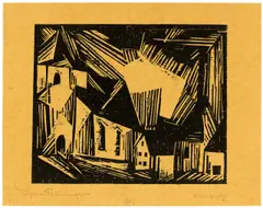 Kirche (Zirchow?) by Lyonel Feininger, 1918, Holzschnitt auf orangegelbem Seidenpapier, sold May 2019
