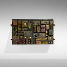 Paul Evans, Sculpture Front cabinet, 1971, welded and patinated steel, brass, and colored pigments, 23 karat gold leaf, slate