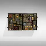 Paul Evans, Sculpture Front cabinet, 1971, welded and patinated steel, brass, and colored pigments, 23 karat gold leaf, slate