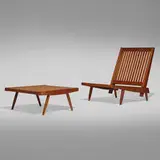 Cushion chair and ottoman by George Nakashima, 1958, cherry, birch plywood, sold Sep 2023
