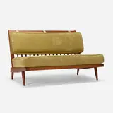 Cushion settee by George Nakashima, 1957, cherry, upholstery, sold Sep 2023