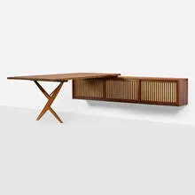 George Nakashima, Exceptional Cross-Legged desk with Hanging Wall Case, 1969, American black walnut, English walnut, pandanus cloth