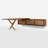 Exceptional Cross-Legged desk with Hanging Wall Case by George Nakashima, 1969, American black walnut, English walnut, pandanus cloth, sold Sep 2023