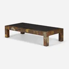 Paul Evans, Patchwork coffee table, c. 1970, patinated copper, steel and pewter, slate