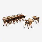 Office Cane chairs from Chandigarh, set of eight by Pierre Jeanneret, c. 1960, teak, cane, upholstery, sold Sep 2023