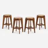 Stools from Punjab University, Chandigarh, set of four by Pierre Jeanneret, c. 1960, teak, sold Sep 2023