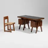 Desk and chair from the Administrative Buildings, Chandigarh by Pierre Jeanneret, c. 1960, teak, leather, upholstery, sold Sep 2023