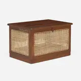 Linen chest from the M.L.A. Flats building, Chandigarh by Pierre Jeanneret, c. 1955, teak, cane, steel, sold Sep 2023