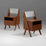 Nightstands from the M.L.A. Flats building, Chandigarh, pair by Pierre Jeanneret, c. 1955, teak, frosted glass, sold Sep 2023