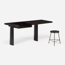 Desk and stool from Ahmedabad by Le Corbusier, 1953-60, stained teak, enameled steel, sold Sep 2023