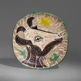 Tête de chèvre de profil plate by Pablo Picasso, 1952, white earthenware with colored engobes under partial brushed glaze, sold Sep 2023