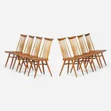 New chairs, set of eight by George Nakashima, 1956, American black walnut, hickory, sold Sep 2023