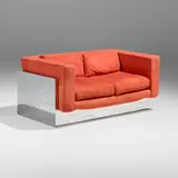 Cityscape sofa by Paul Evans, c. 1975, chrome-plated steel, microfiber upholstery, sold Sep 2023