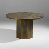 Chan dining table by Philip and Kelvin Laverne, c. 1965, acid-etched brass over pewter and wood, patinated brass, sold Sep 2023