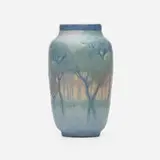 Scenic vase with pine trees by Sadie Irvine for Newcomb College Pottery, 1918, glazed earthenware, sold Sep 2023